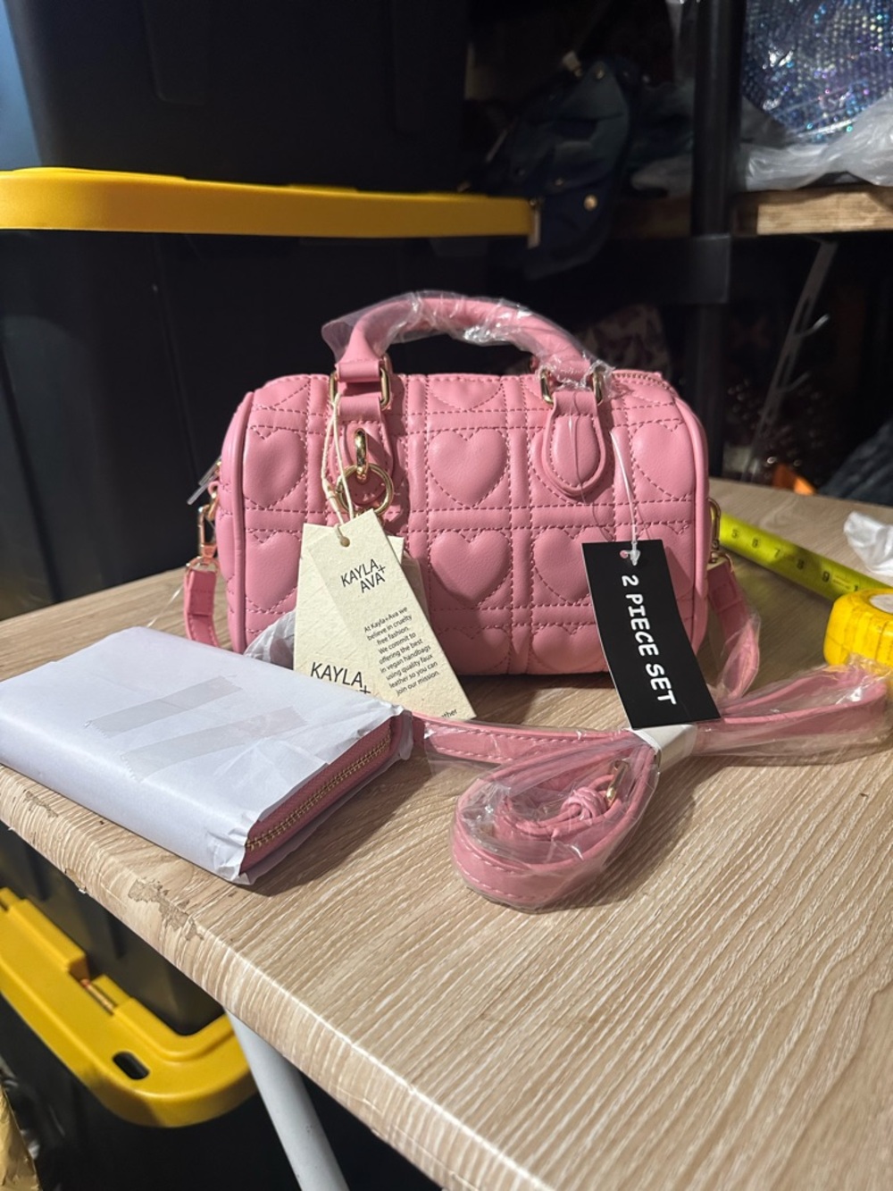 Pink Quilted Heart Crossbody Bag - 2 Piece Set